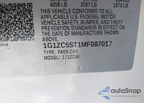 2021 Chevrolet Malibu Fwd 1Fl z USA, uszkodzony, nr VIN 1G1ZC5ST1MF087017